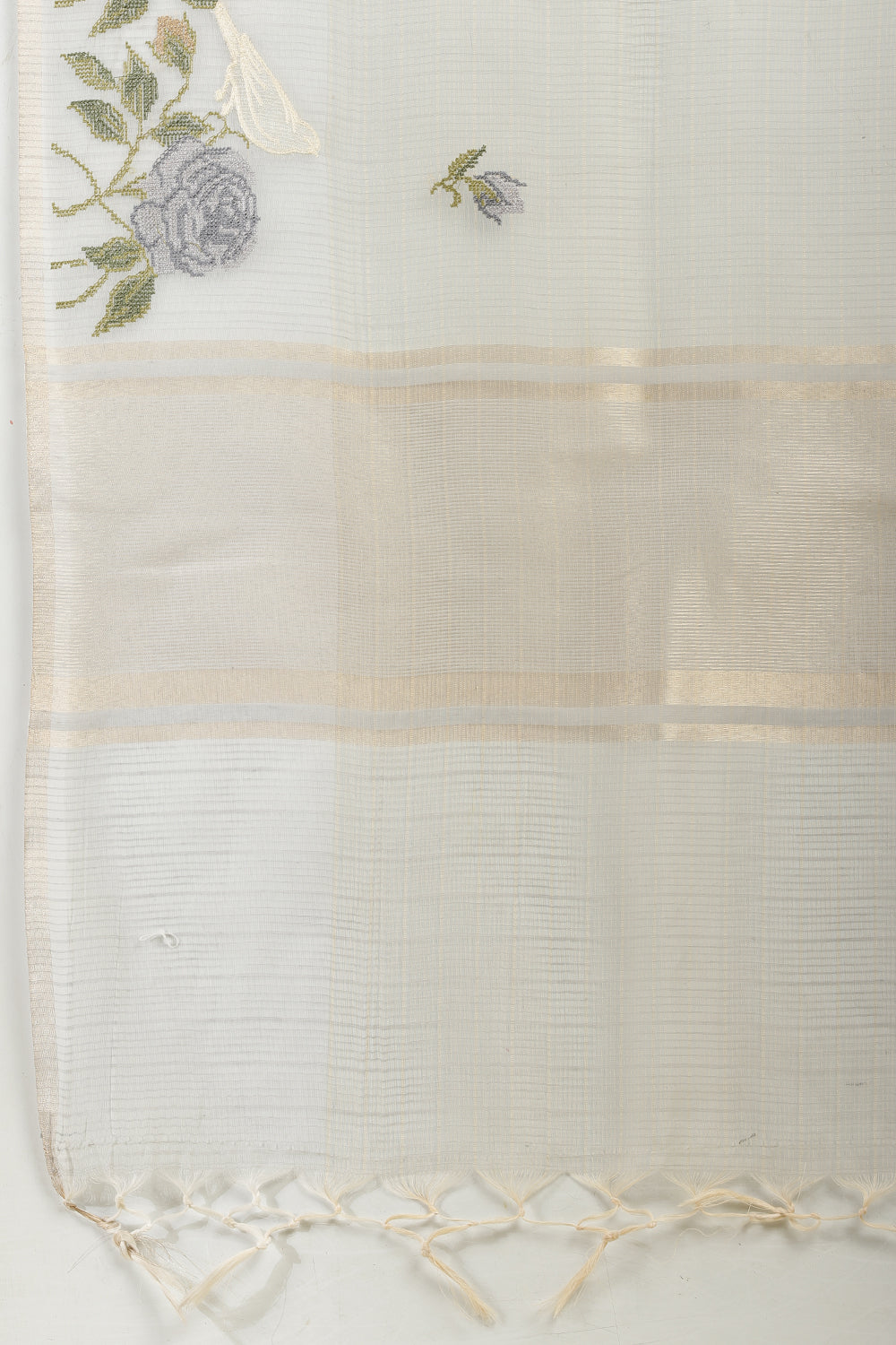 Grey Kota Cotton Floral Resham Embroidered And Zari Woven Saree