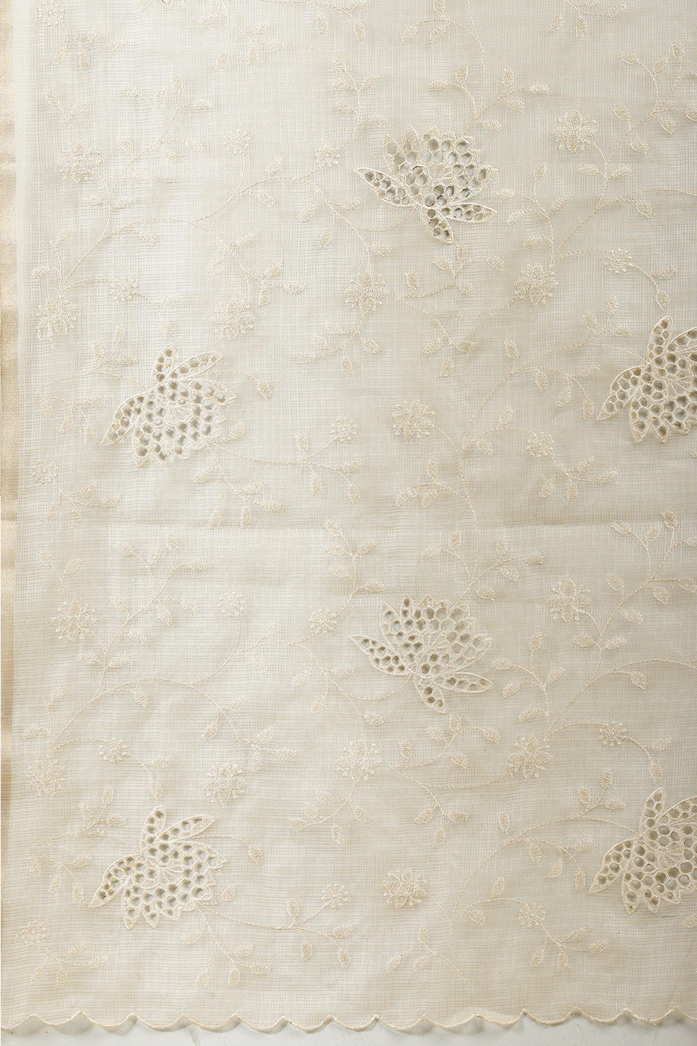 Cream Floral Resham Embroidered Cotton Saree