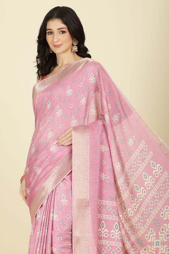 Pink Cotton Silk Printed And Zari Woven Saree