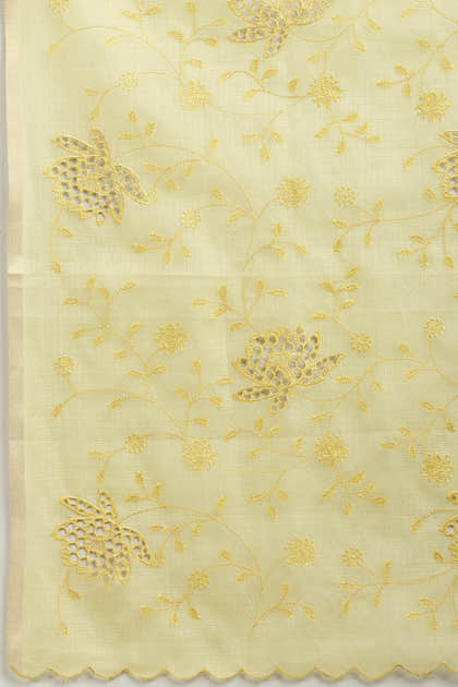 Pale Yellow Floral Resham Embroidered Cotton Saree