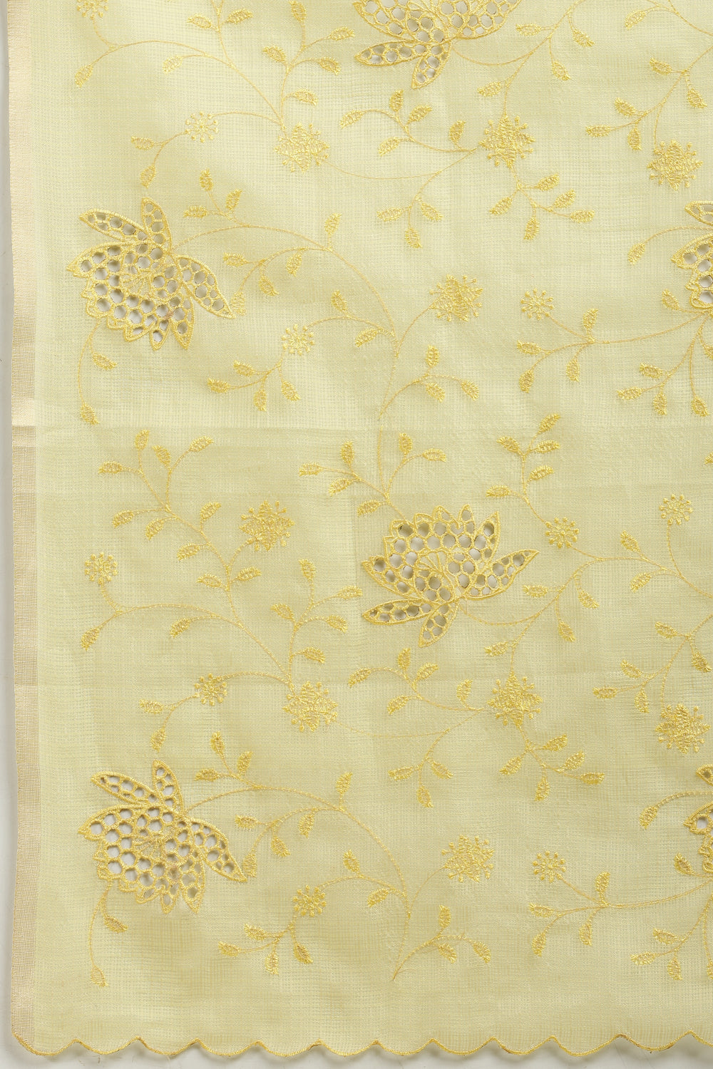 Pale Yellow Floral Resham Embroidered Cotton Saree