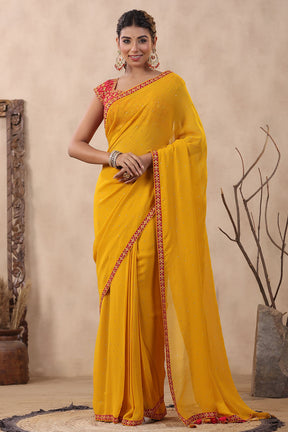 Mustard Color Mukesh Work Georgette Saree With Readymade Blouse