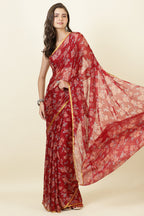 Maroon Zari Border & Floral Printed Chiffon Saree