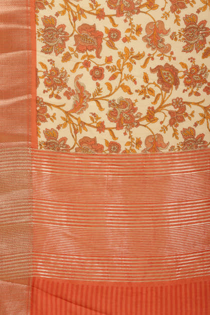 Beige & Orange Cotton Silk Floral Printed Saree