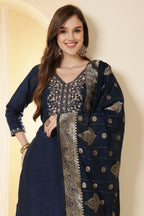 Wine Color Silk Suit Set With Neck Embroidered