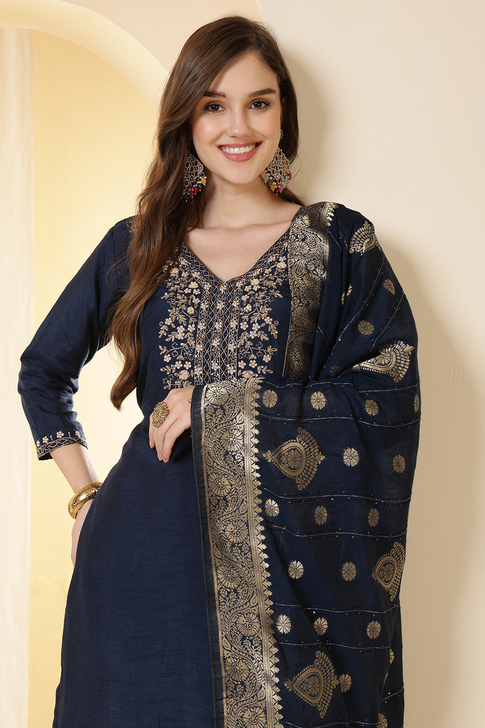 Wine Color Silk Suit Set With Neck Embroidered