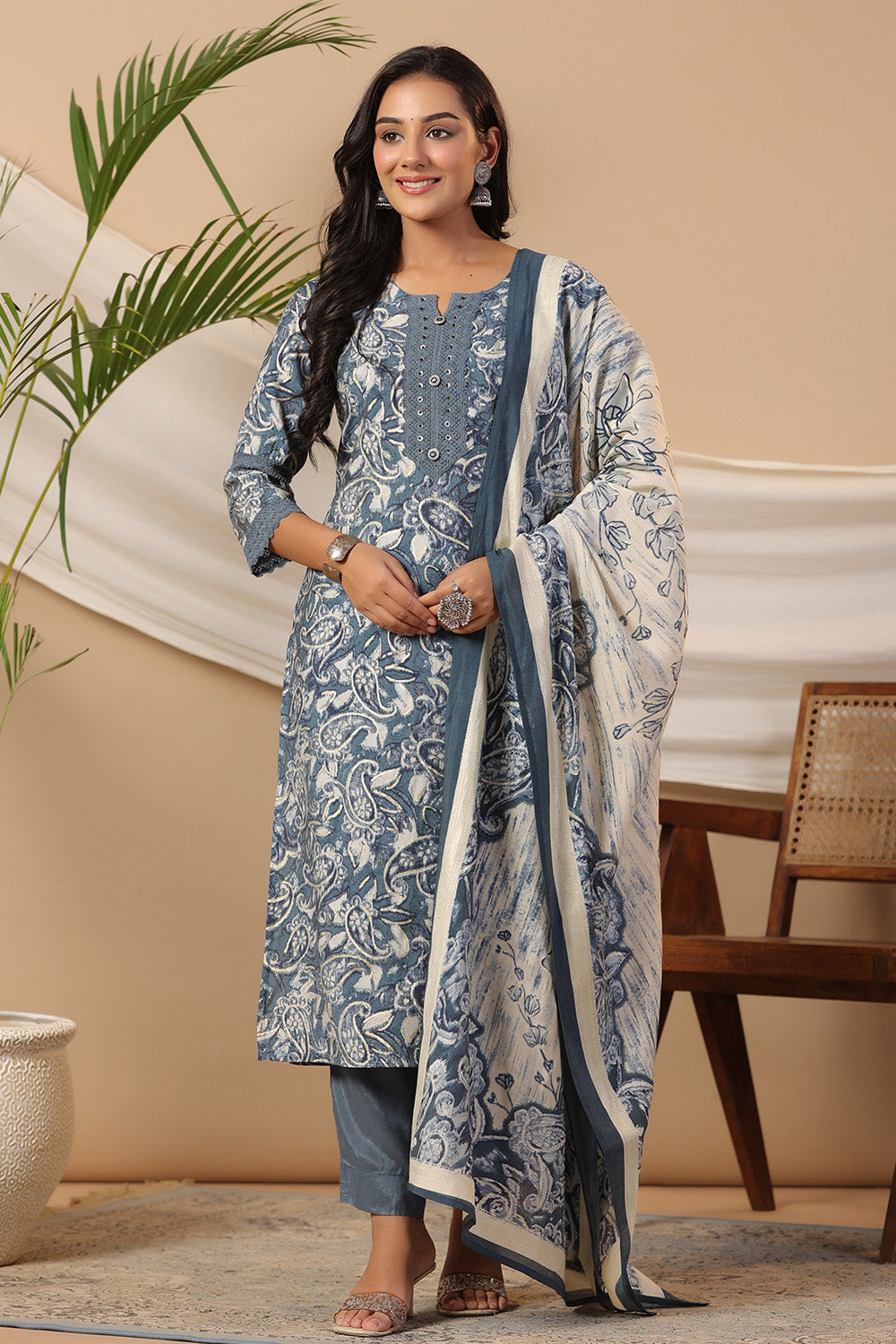 Grey Colour Muslin Printed Straight Suit