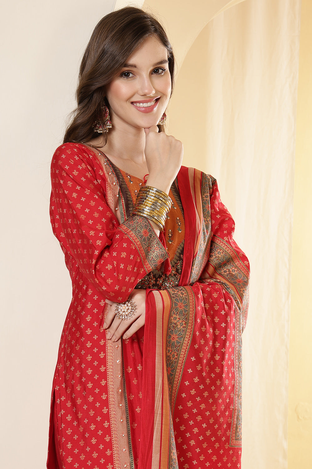 Red Color Printed Silk Embroidered Suit Set