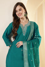 Teal Silk Embroidered Suit Set