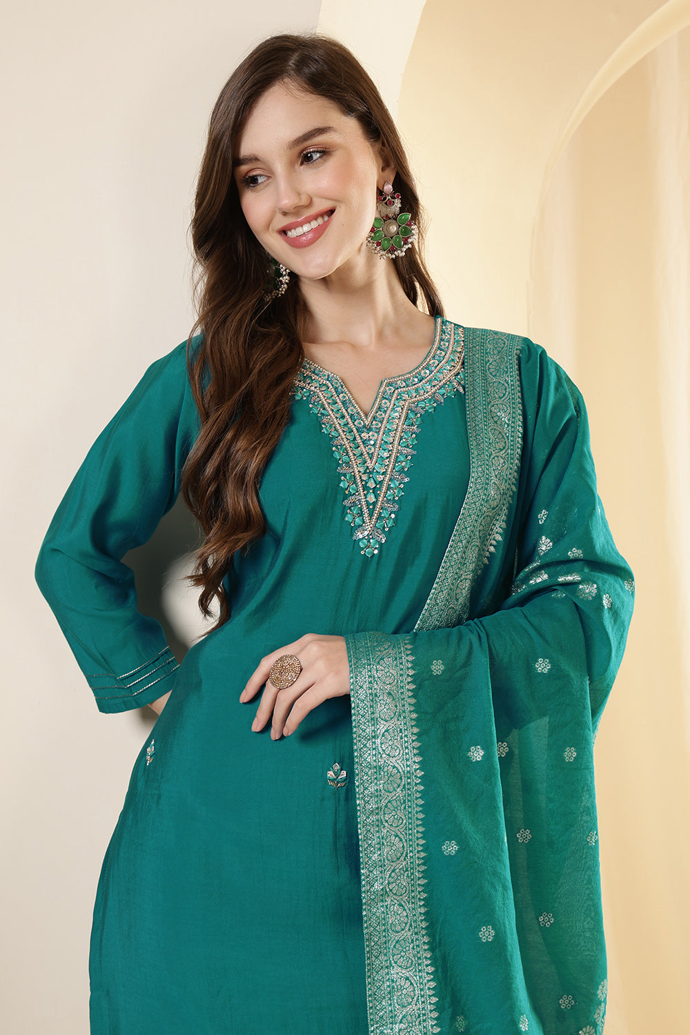 Teal Silk Embroidered Suit Set