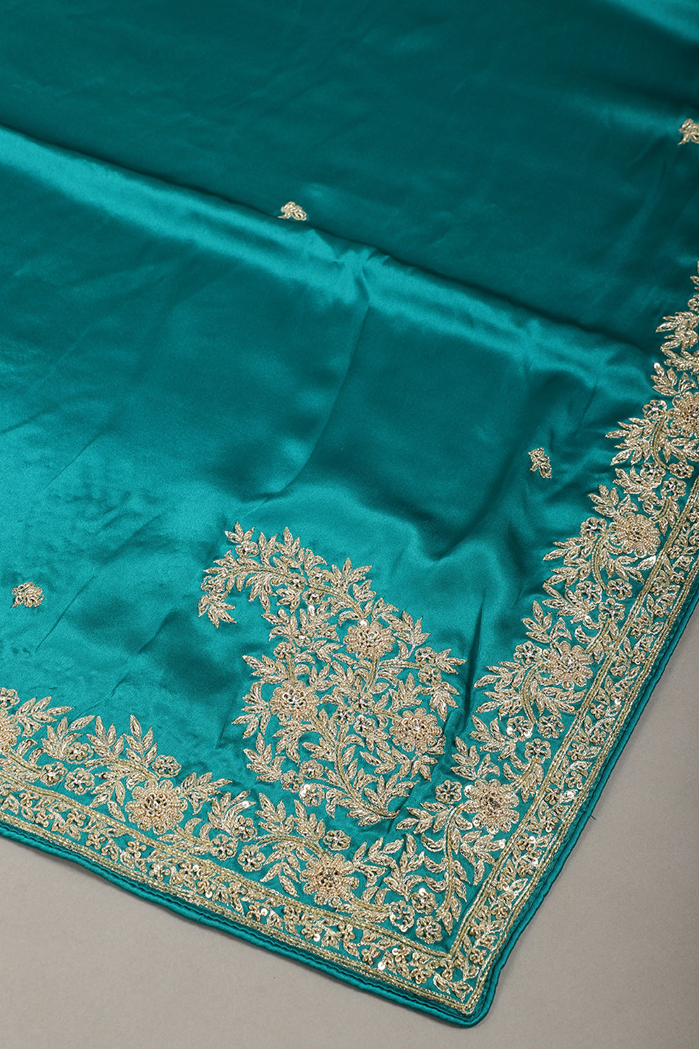Firozi Colr Pure Satin Crepe Saree with Zardozi Handwork