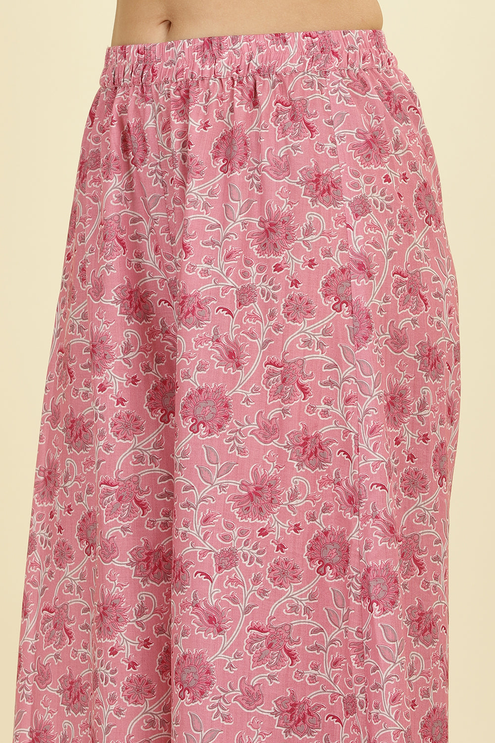 Cream & Pink  Chanderi Cotton Hacoba Style & Floral Printed Unstitched Suit Material