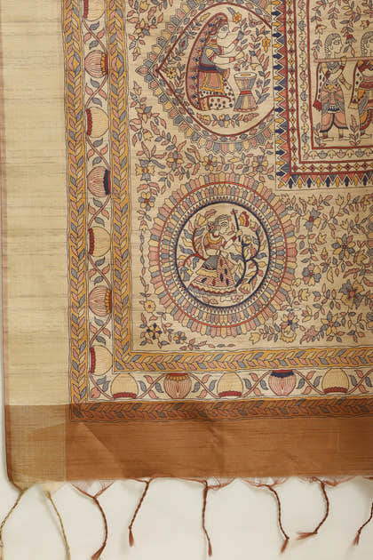 Brown Color Cotton Silk Madhubani Print Saree
