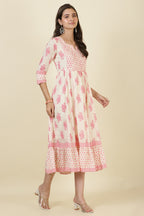 Cream & Pink Cotton Printed (Peonies) Anarkali Kurti