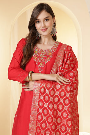 Red Color Silk Neck Embroidered Suit Set