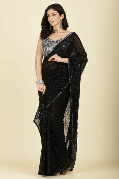Black Georgette Sequins Embroidered Saree With Stone Work Readymade Blouse