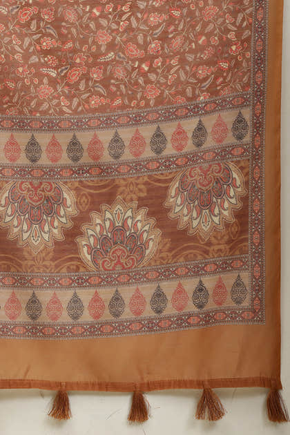 Brown Floral Printed Cotton Silk Saree