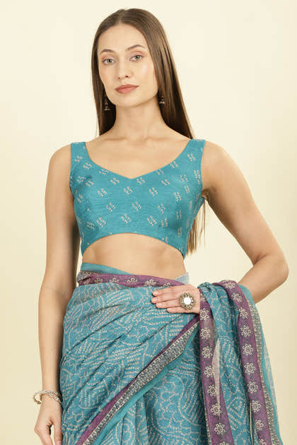 Teal Bandhani Printed Cotton Saree