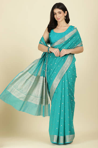 Teal Zari Woven Cotton Silk Saree