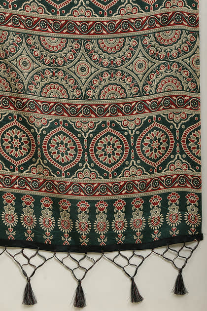 Bottle Green Cotton Silk Ajrakh Block Printed Saree