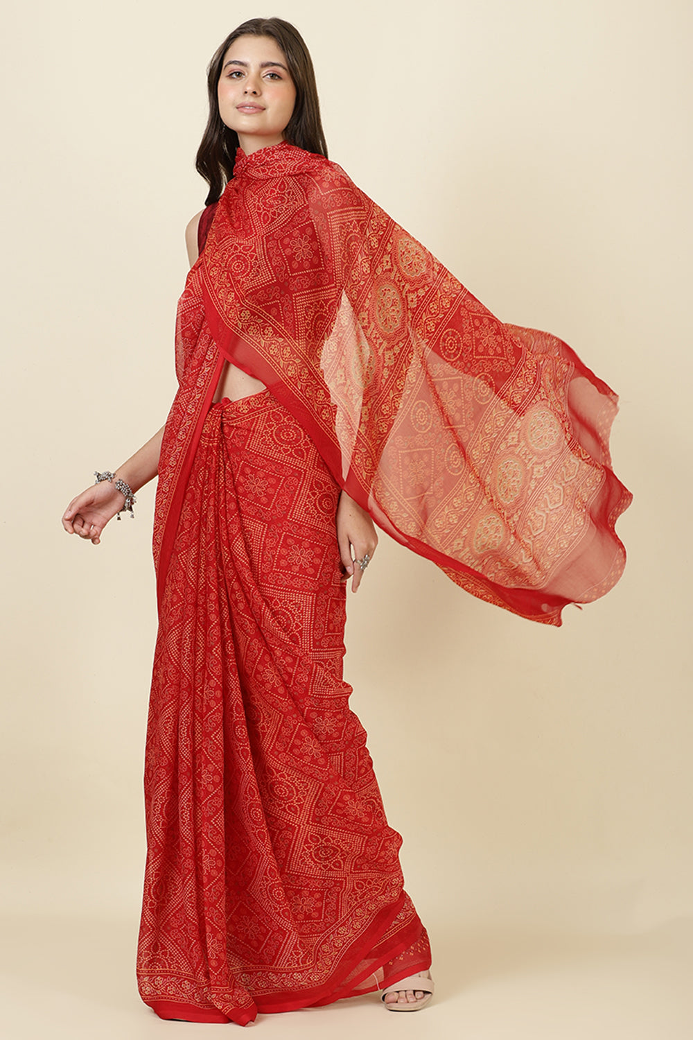 Red Georgette Bandhani Printed Saree