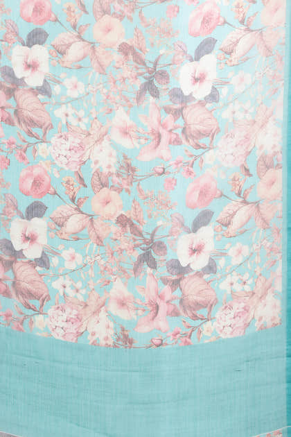 Turquoise Floral Printed Chiffon Saree