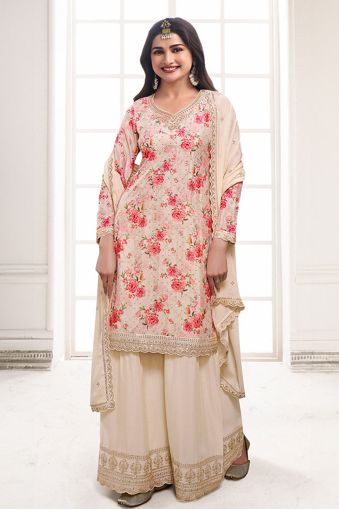 Cream Color Printed Crepe Unstitched Suit Material With Stitched Palazzo