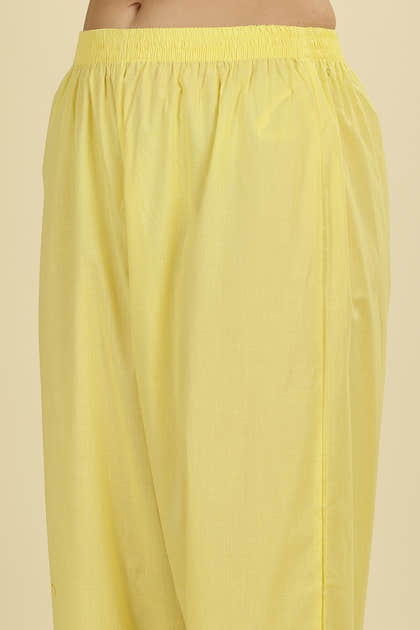 Pale Yellow Cotton Resham Floral Embroidered Anarkali Suit Set