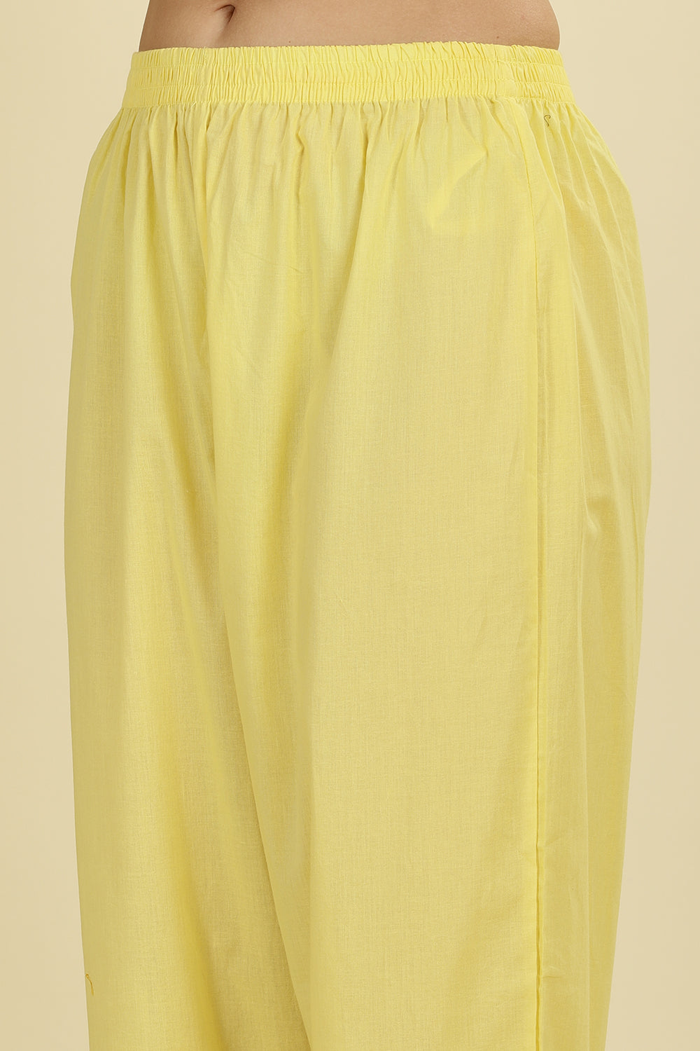 Pale Yellow Cotton Resham Floral Embroidered Anarkali Suit Set