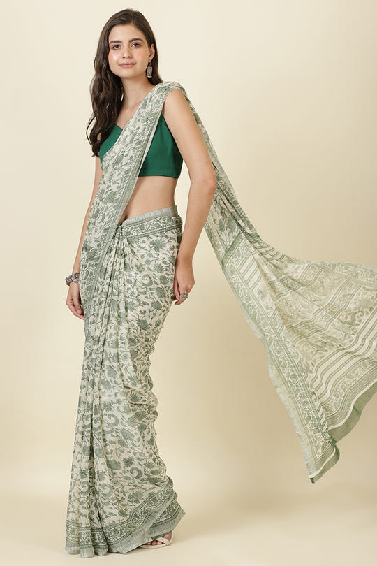 White & Green Georgette Floral Printed Saree
