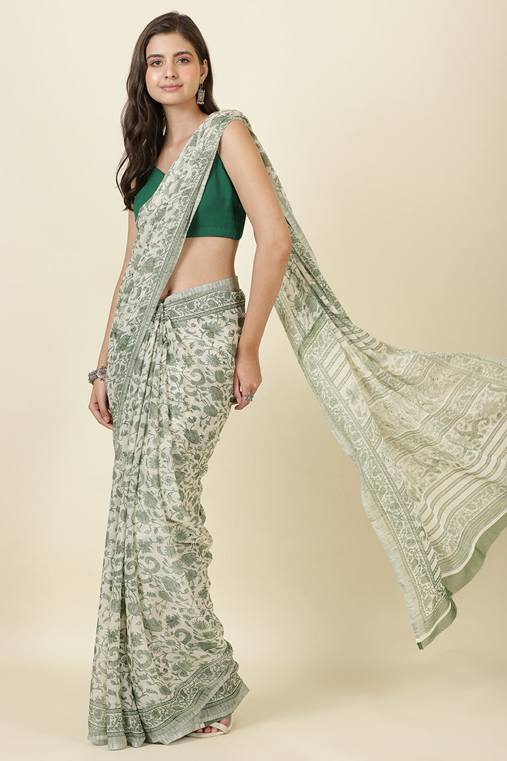White & Green Georgette Floral Printed Saree