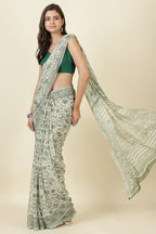 White & Green Georgette Floral Printed Saree