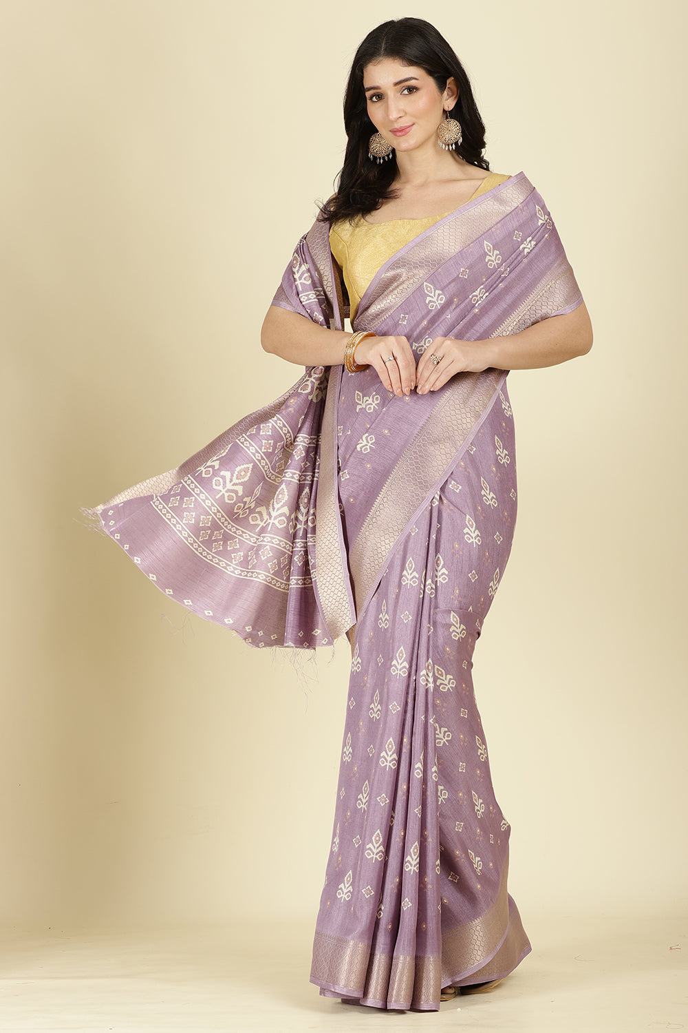 Lavender Cotton Silk Printed And Zari Woven Saree