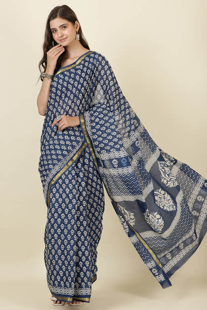 Indigo Blue Cotton Block Printed Saree