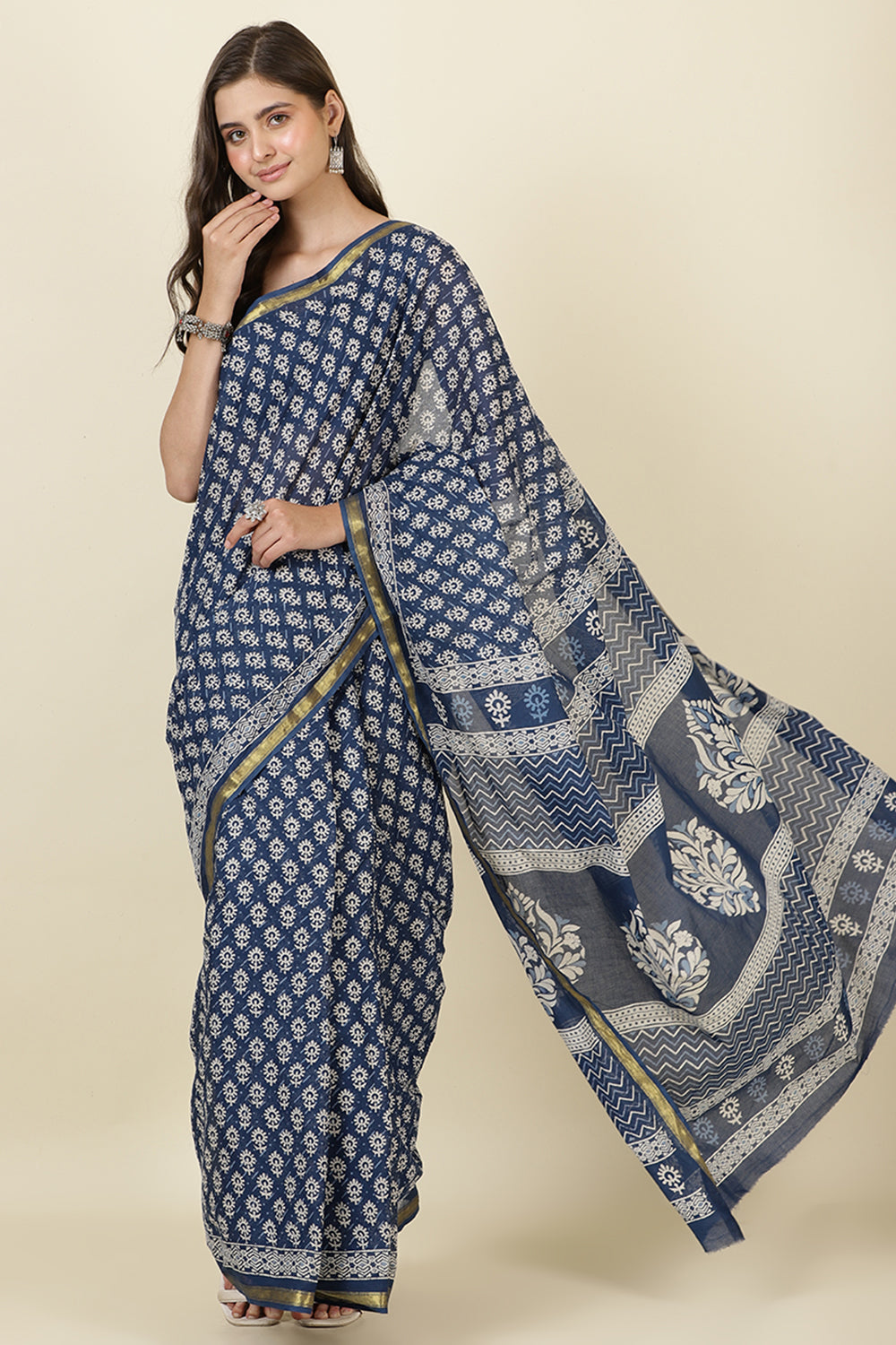 Indigo Blue Cotton Block Printed Saree