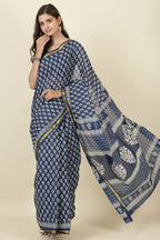 Indigo Blue Cotton Block Printed Saree