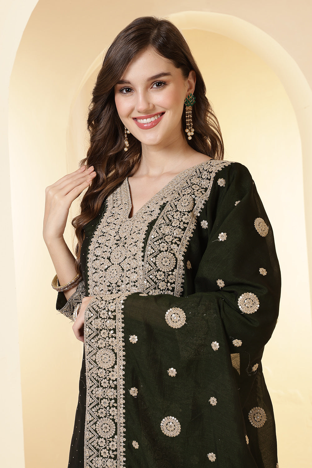 Green Silk Zari Embroidered Suit With Parsi Salwar
