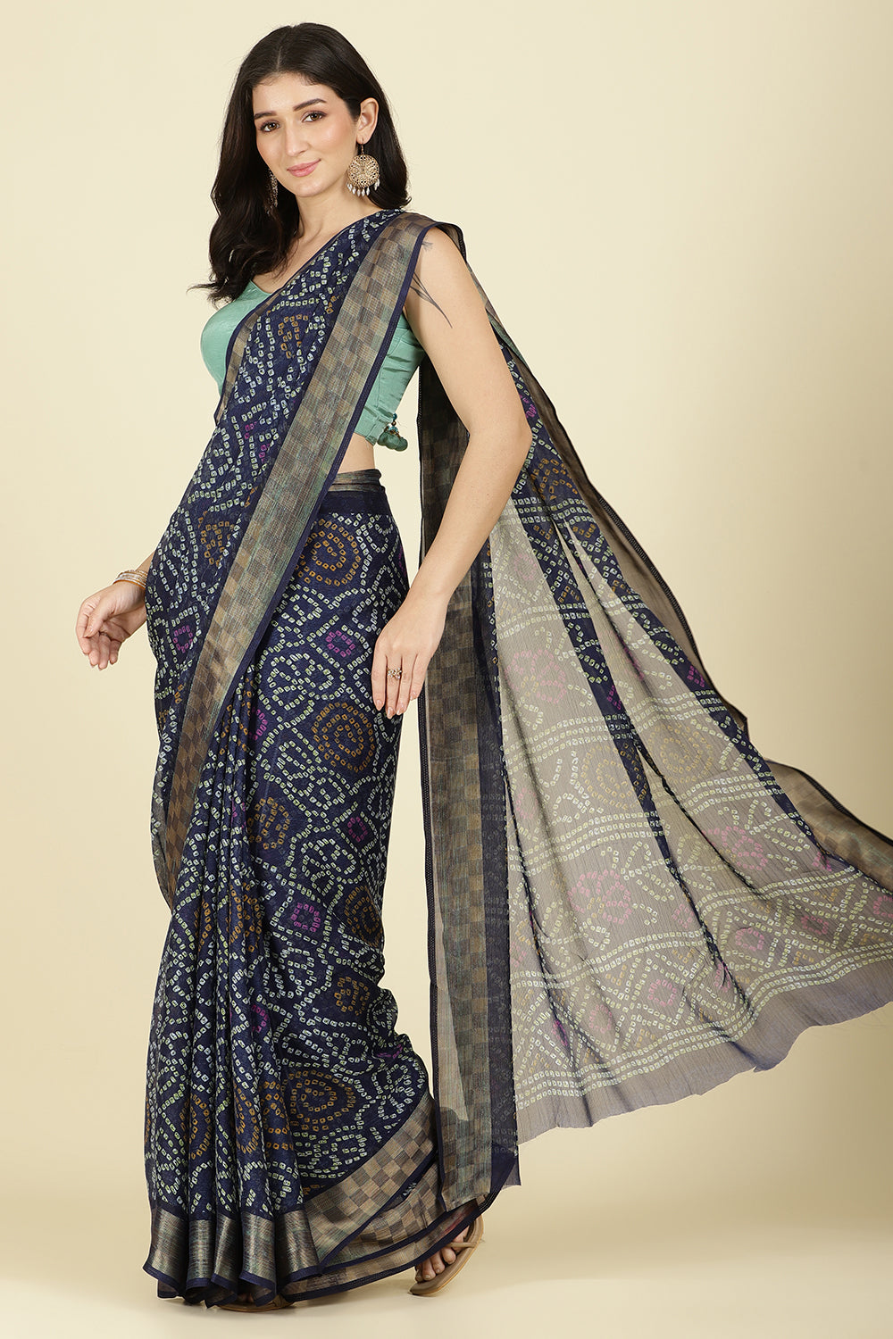 Navy Color Chiffon Bandhani Printed Saree