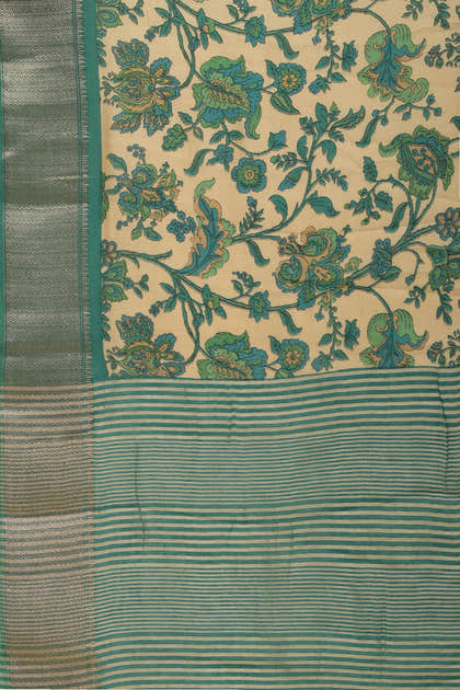 Beige & Teal Cotton Silk Floral Printed Saree