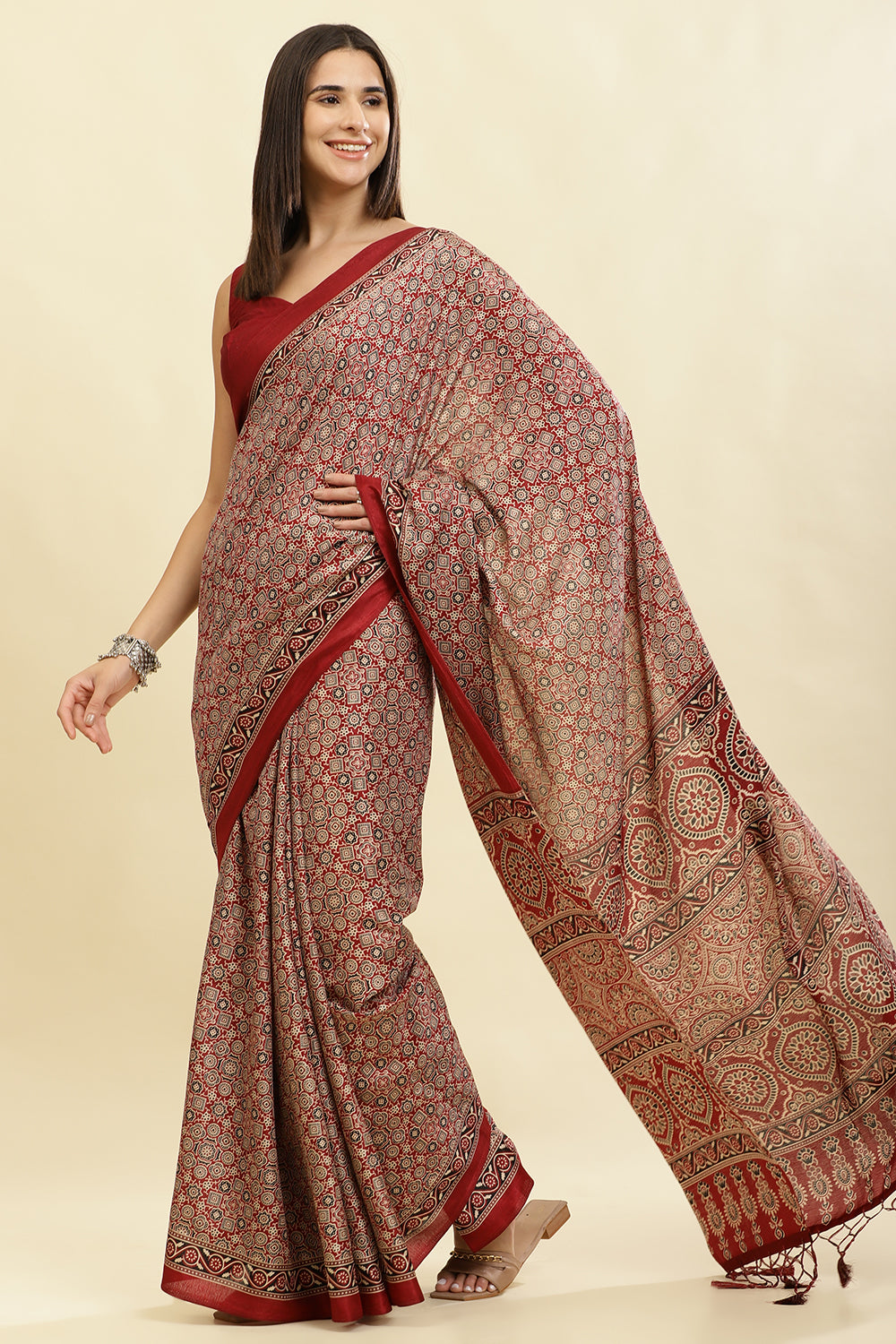 Maroon Cotton Silk Ajrakh Block Printed Saree