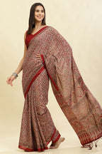 Maroon Cotton Silk Ajrakh Block Printed Saree