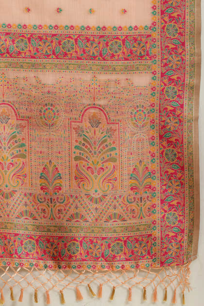 Peach Chanderi Cotton kashida Weaves Saree