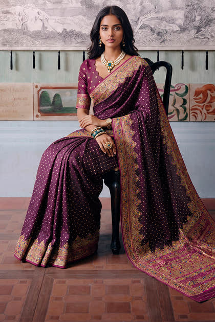 Wine Soft Silk Kalamkari Woven Saree