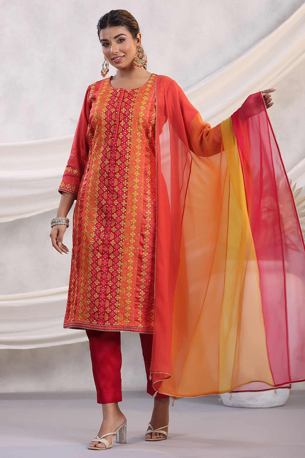 Coral Color Embroidered Silk Unstitched Suit Fabric