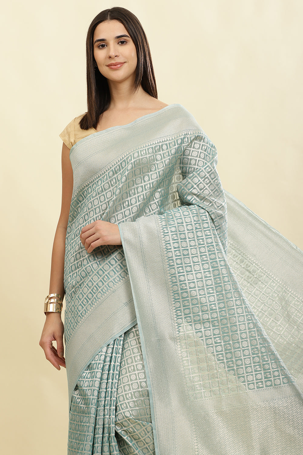 Turquoise Chanderi Silk Zari Weaving Saree
