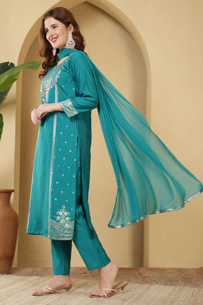 Turquoise Color Cotton Silk Printed & Neck Embroidered Suit