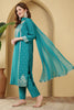 Turquoise Color Cotton Silk Printed & Neck Embroidered Suit
