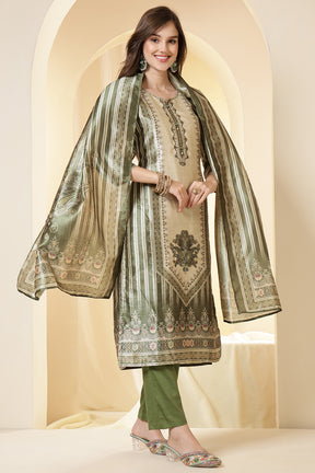 Green Color Chanderi Silk Printed Straight Suit