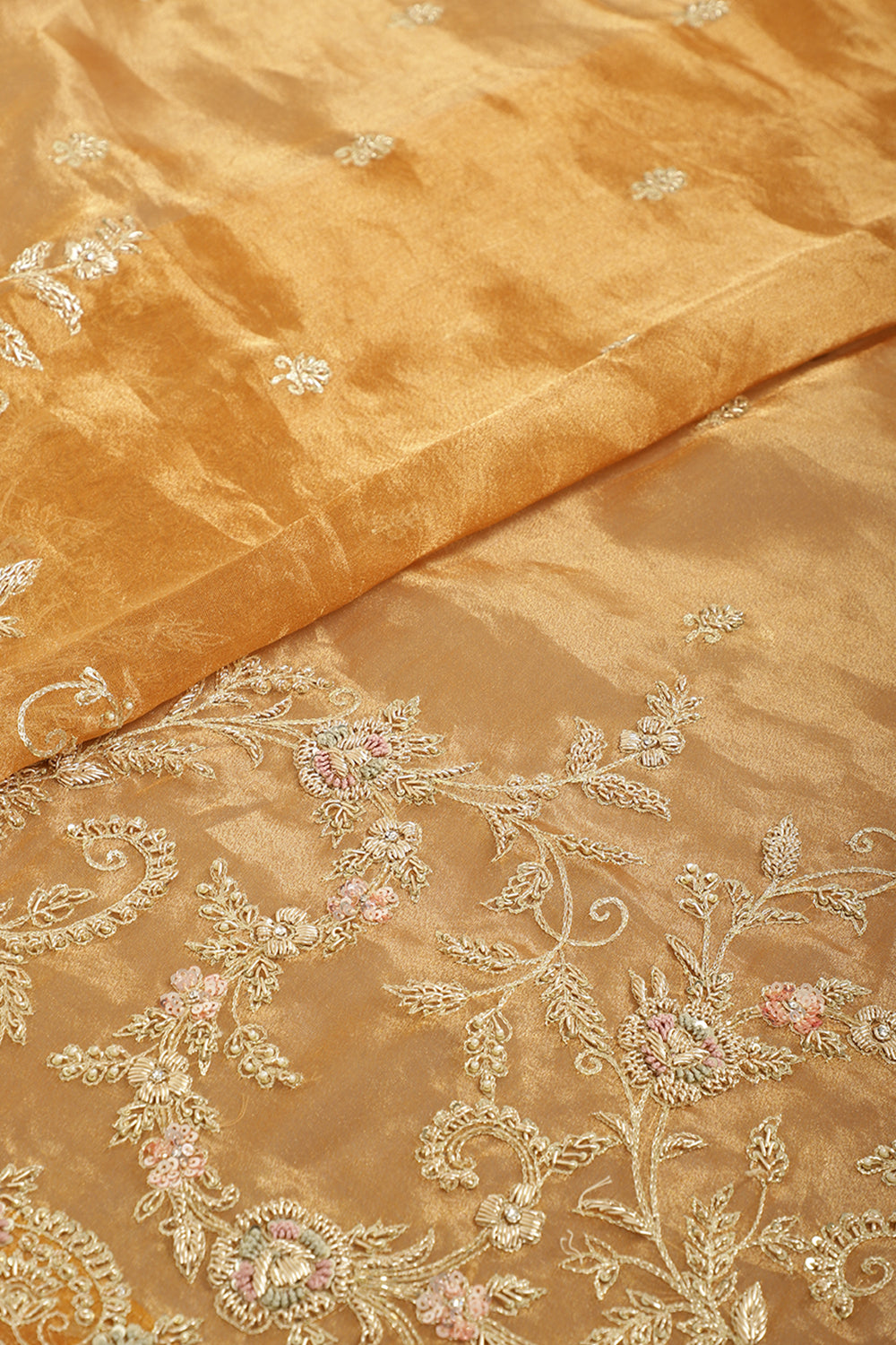 Mustard Gold Color Pure Tissue Handloom Saree with Sequence & Zardozi Handwork