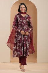 Dark Scarlet Color Crepe Alia-Cut Floral Printed Suit